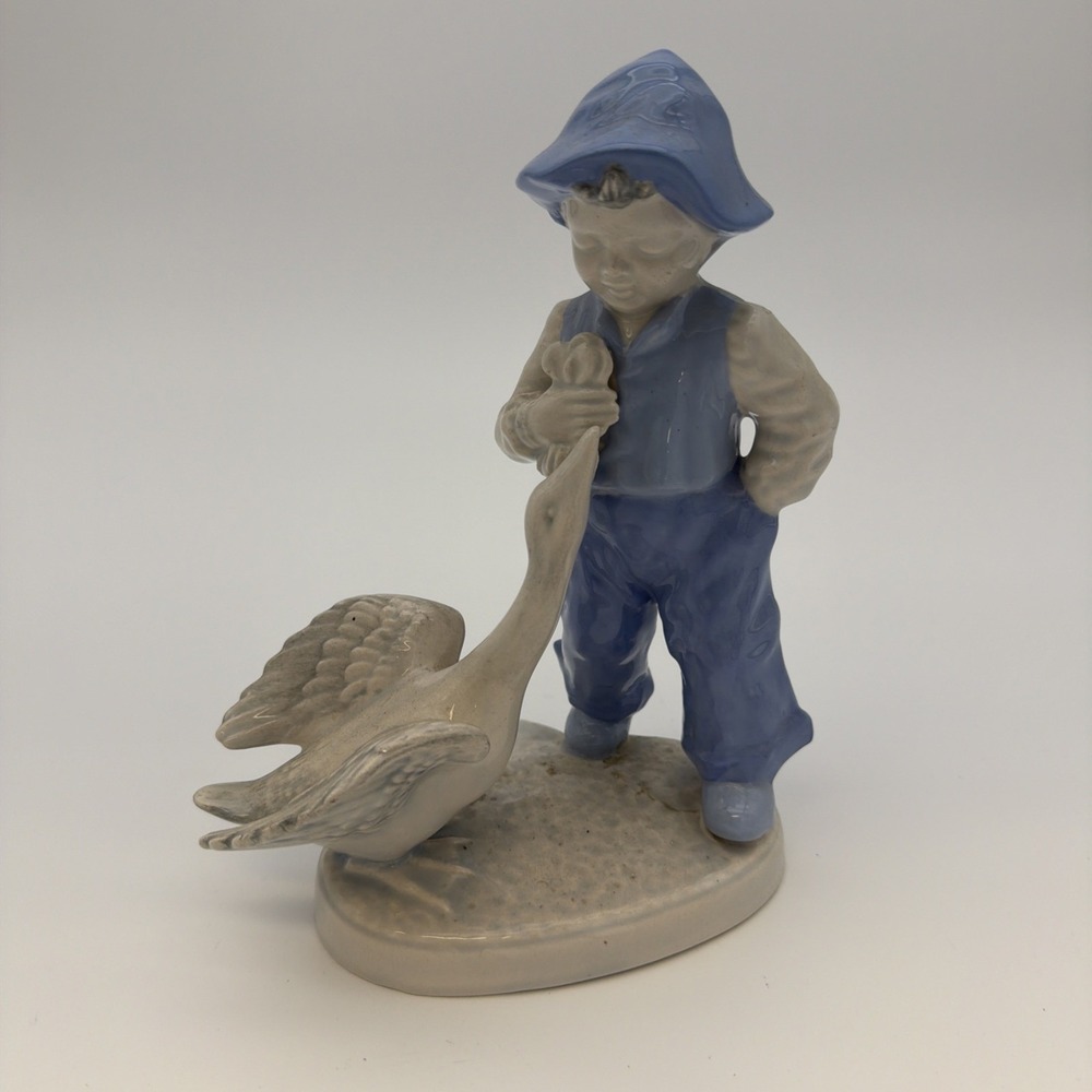 VTG Collectible Holland Home Decor Boy & Goose 9" Figurine Blue & White